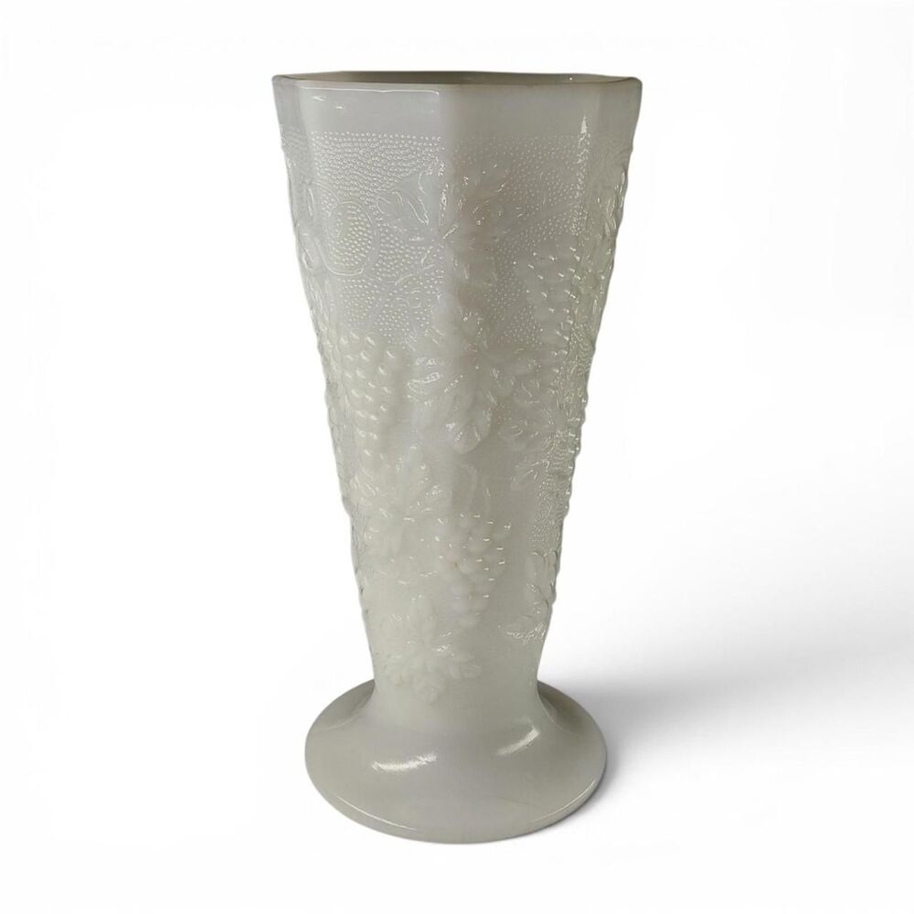 Vintage Anchor Hocking Milk Glass Vase Embossed Grapevine Pattern